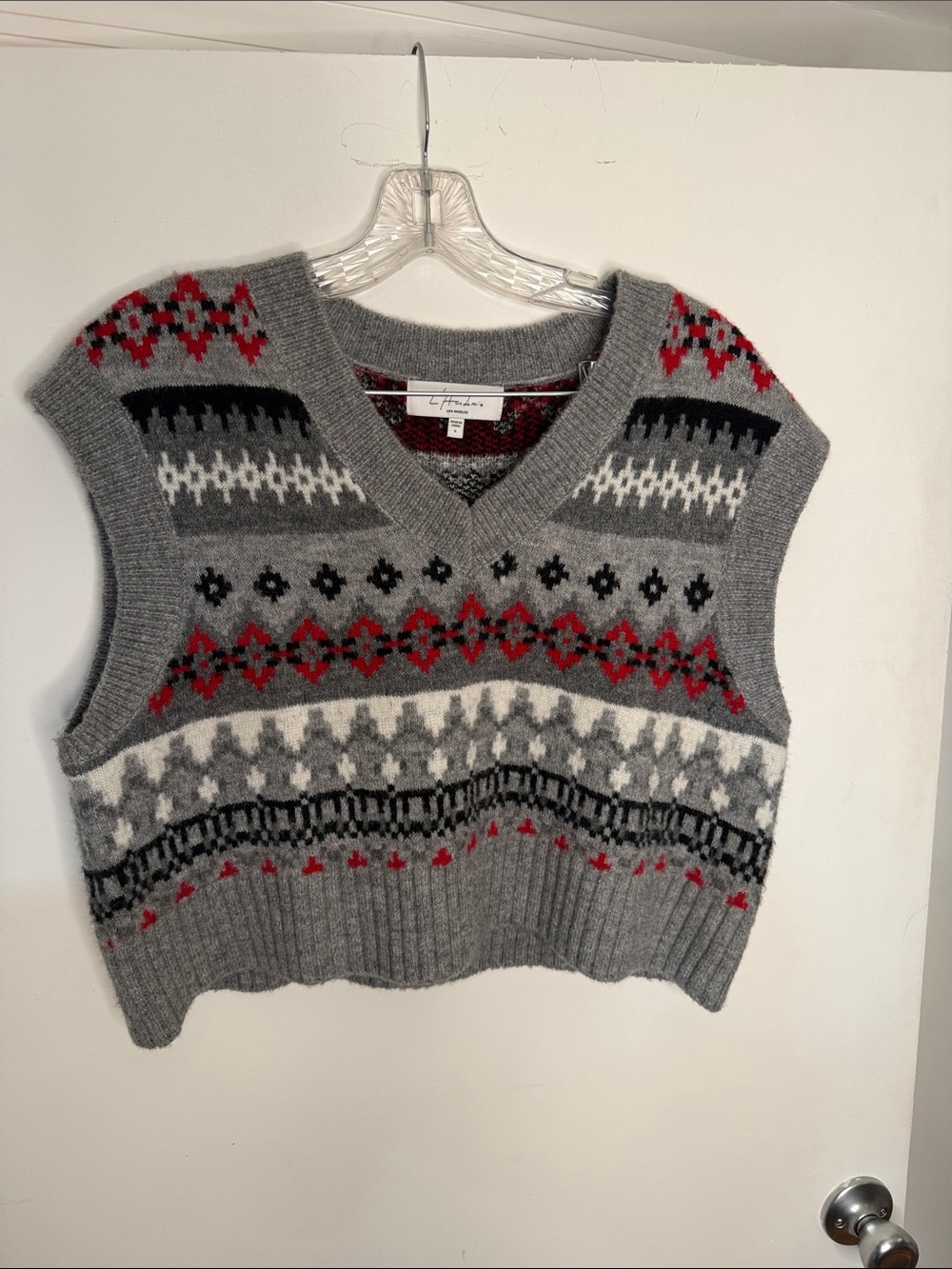 L'Academie Grey Fair Isle V-Neck Sweater Vest with Red Accents